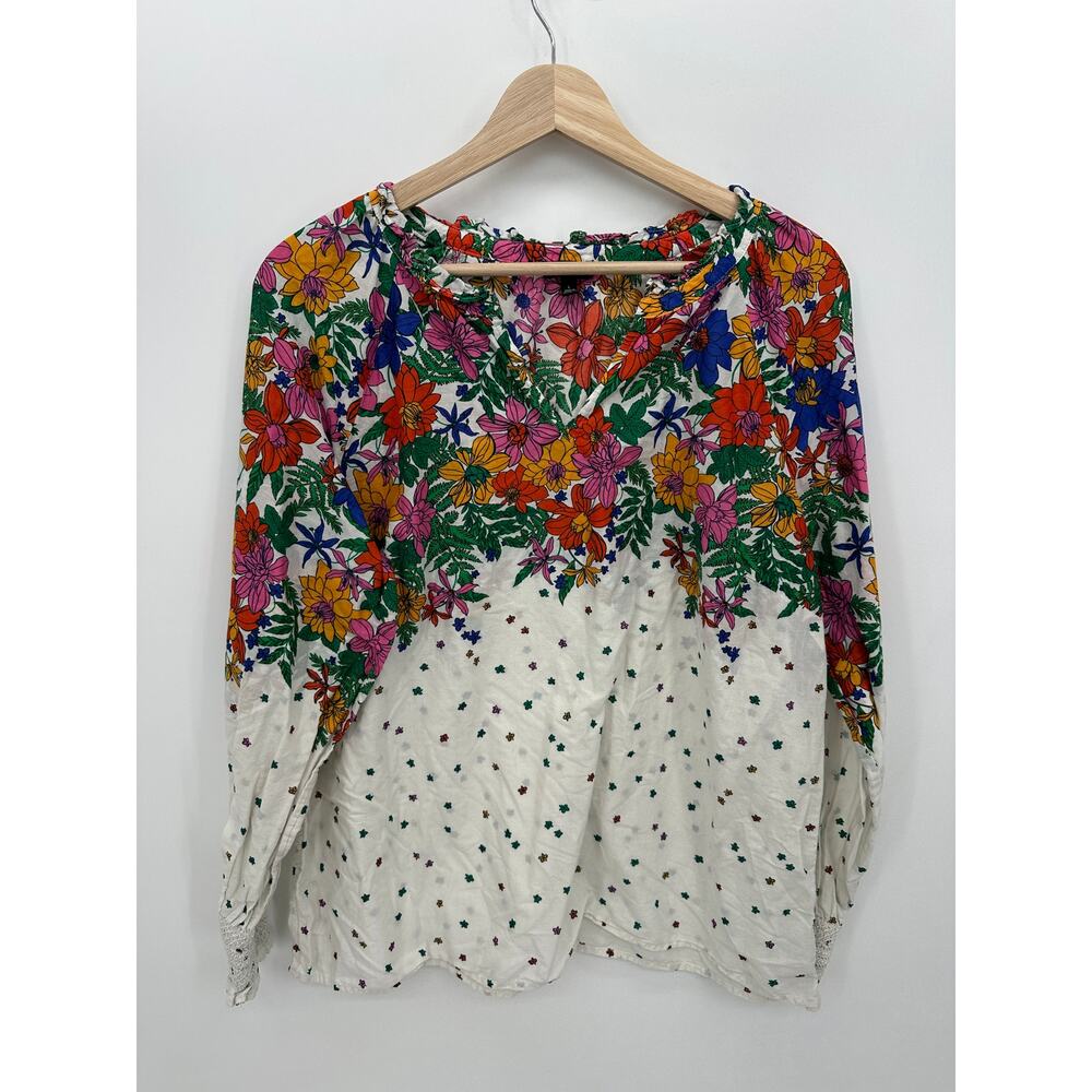 Talbots Womens Floral Polka Dot Top Size L Cotton Peasant Blouse Multicolor CL34